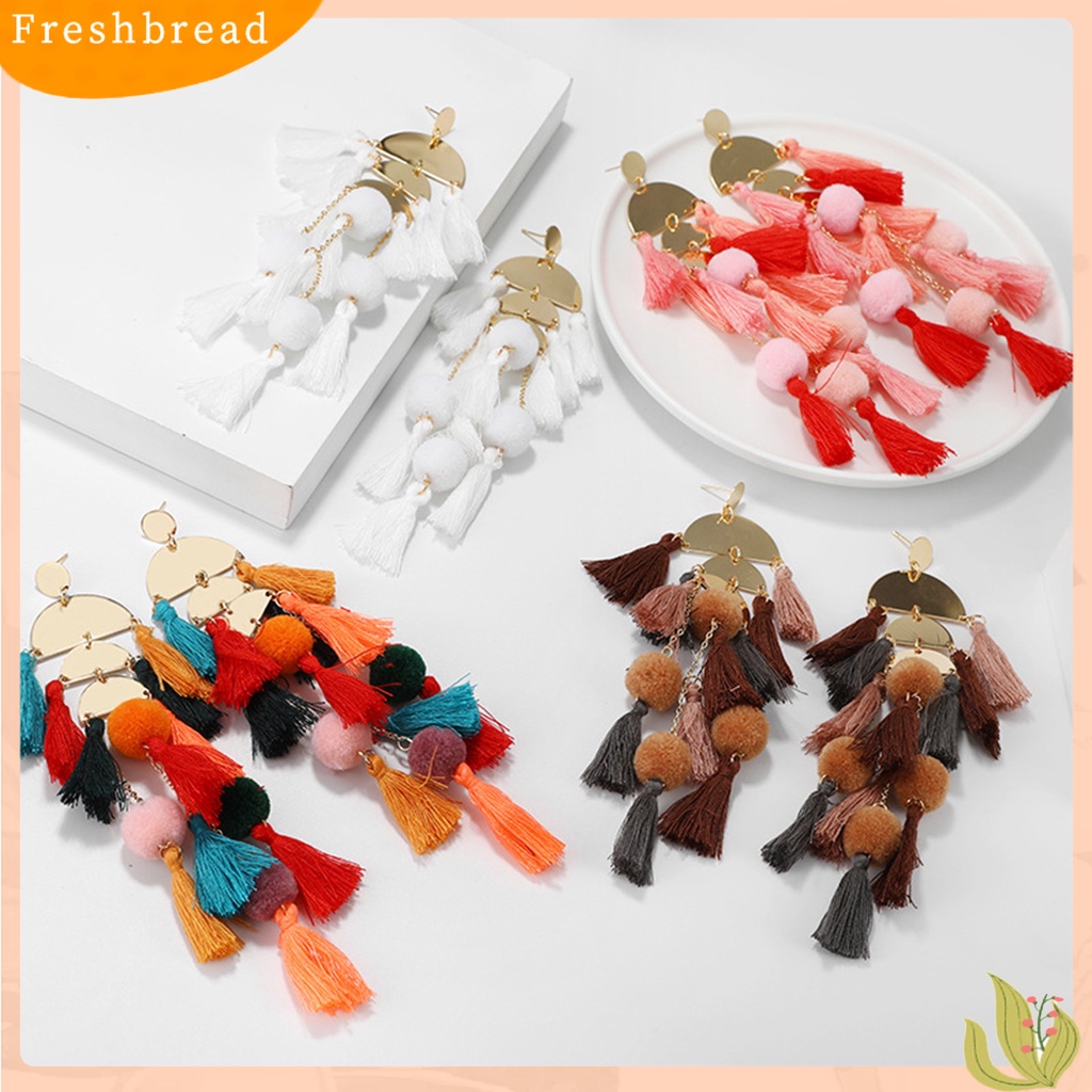 &lt; Freshbread &gt; 1pasang Anting Wanita Bentuk Setengah Lingkaran Tahan Jatuh Bohemian Multi-layer Rumbai Menjuntai Earrings Untuk Travel