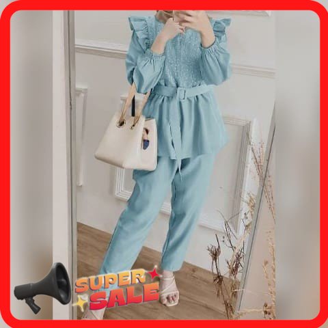 Baju Stelan Celana Panjang Setcel One Set Wanita Muslimah Dewasa Remaja Modern Lebaran Simple Modis 