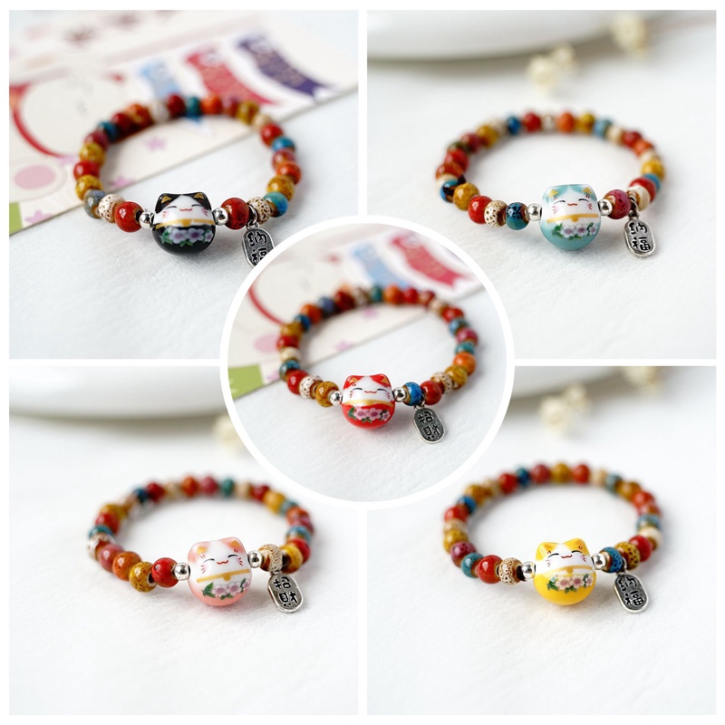 Lucky Cat Stone Beads Bracelet Bangles Sederhana Manis Gelang Keramik Untuk Wanita Gadis Hadiah Ulang Tahun Perempuan Pesona Perhiasan