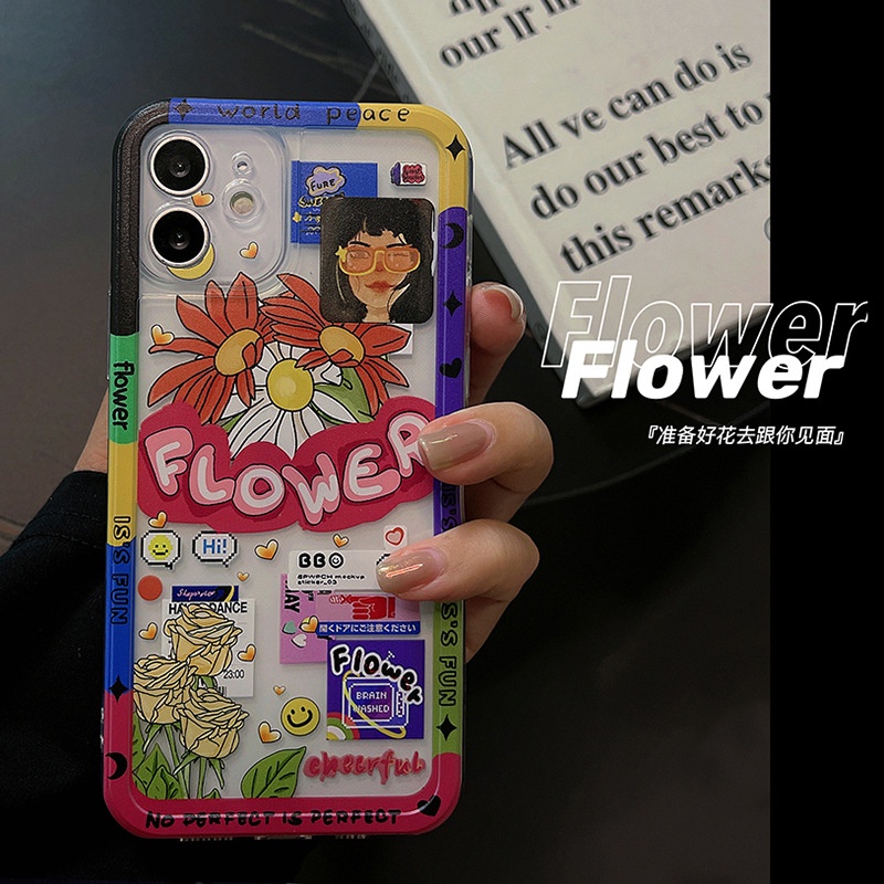 IPHONE Ins Vintage Doodle Transparan Lembut TPU Ponsel Case Cover Untuk Iphone7 8 PLUS X XR XS 11 12 13 MINI PRO MAX SE 2020