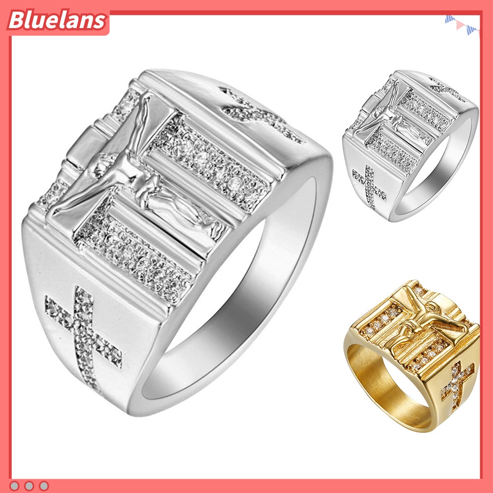 {In Stock} Chic Salib Yesus Ukir Cubic Zirconia Bertatahkan Cincin Unisex Perhiasan Pernikahan Hadiah