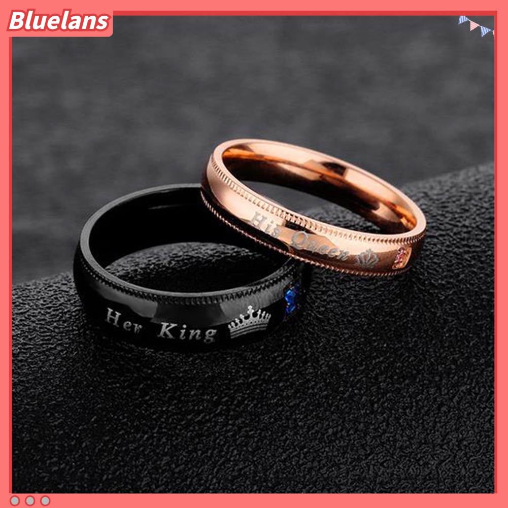 {In Stock} Fashion Baja Titanium Berlian Imitasi Her King His Queen Pasangan Jari Rings Perhiasan