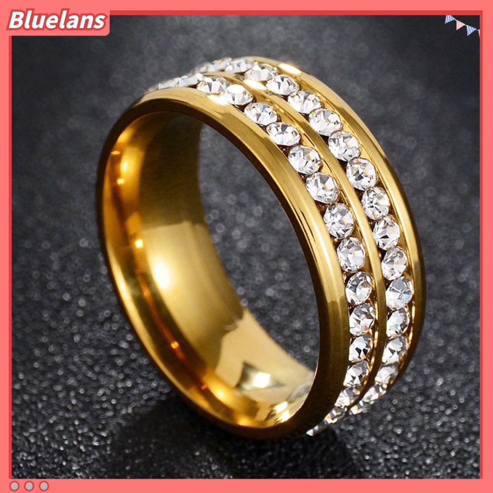 {In Stock} Wanita Mewah Baris Ganda Berlian Imitasi Bertatahkan Jari Cincin Pernikahan Pertunangan Perhiasan