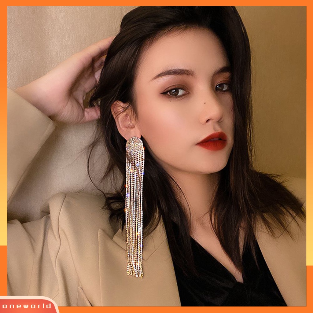 [OWR] 1pasang Drop Earrings Shiny Panjang Rumbai Penuh Berlian Imitasi Temperamen Berkilau Berdandan Hadiah Wanita Menjuntai Anting Pesona Perhiasan Aksesori Busana