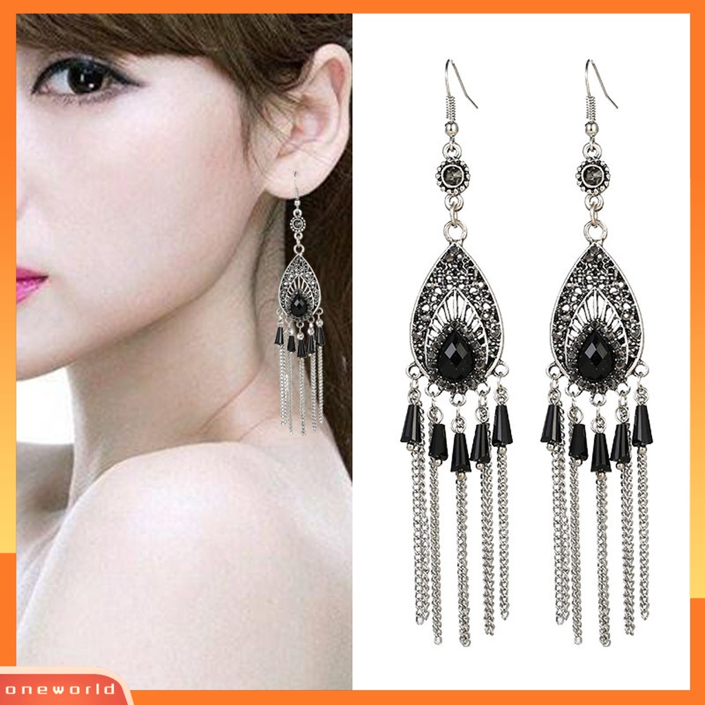 [OWR] 1pasang Wanita Anting Drop-shaped Rumbai Panjang Hias Berlian Imitasi Tahan Keringat Anti Karat Gaya Cina Drop Earrings Fashion Perhiasan