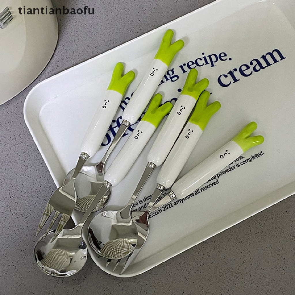 [tiantianbaofu] Lucu Kartun Hijau Bawang Stainless Steel Keramik Peralatan Makan Keluarga Sendok Dan Garpu Butik