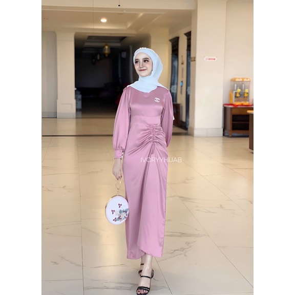 Ready Stock ✅ Dress Muslim Aileen Dress Dress Satin Kondangan Gamis Wanita Elegan Dress Serut Kekini