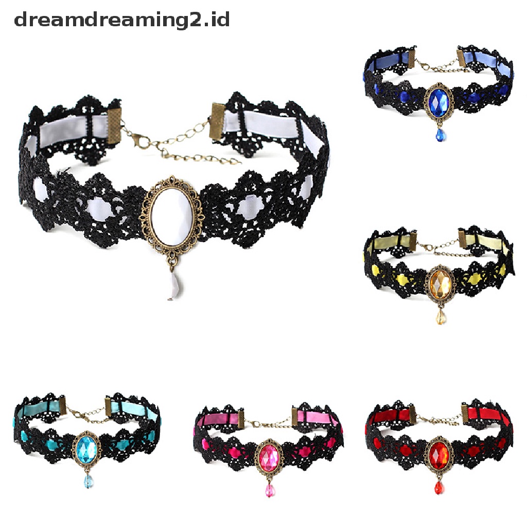 (hot) Kalung Renda Hitam Kerah Choker Beludru Kristal Vintage Gothic Rantai Liontin//