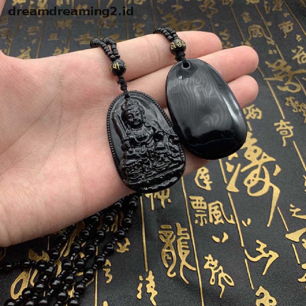 (hot) 1pc Kalung Liontin Keberuntungan Buddha Ukir Obsidian Hitam Alami//