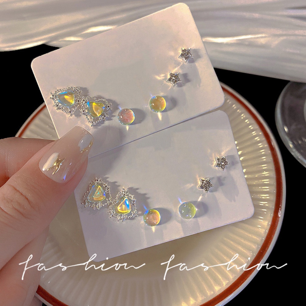 Korea Warna-Warni Mermaid Color Earrings Set Enam Potong Anting Gabungan Cinta Temperamen Rasa Tingkat Tinggi Anting Kecil Manis Untuk Wanita Perhiasan Hati Manis