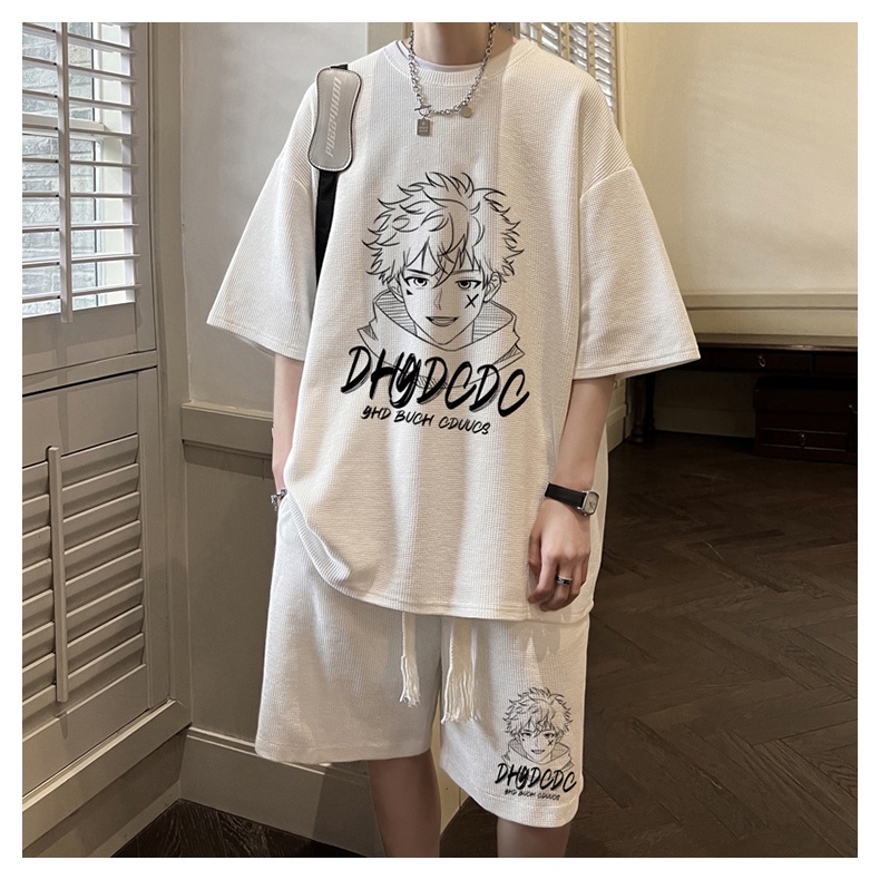 SSMY ONE SET SETELAN T-SHIRT DAN CELANA INTERNET CELEBRITY COUPLE POP FASHION WITH T-SHIRT MEN SHORT-SLEEVED SUIT LOOSE-FITTING HALF-SLEEVED SPORTSWEAR SET