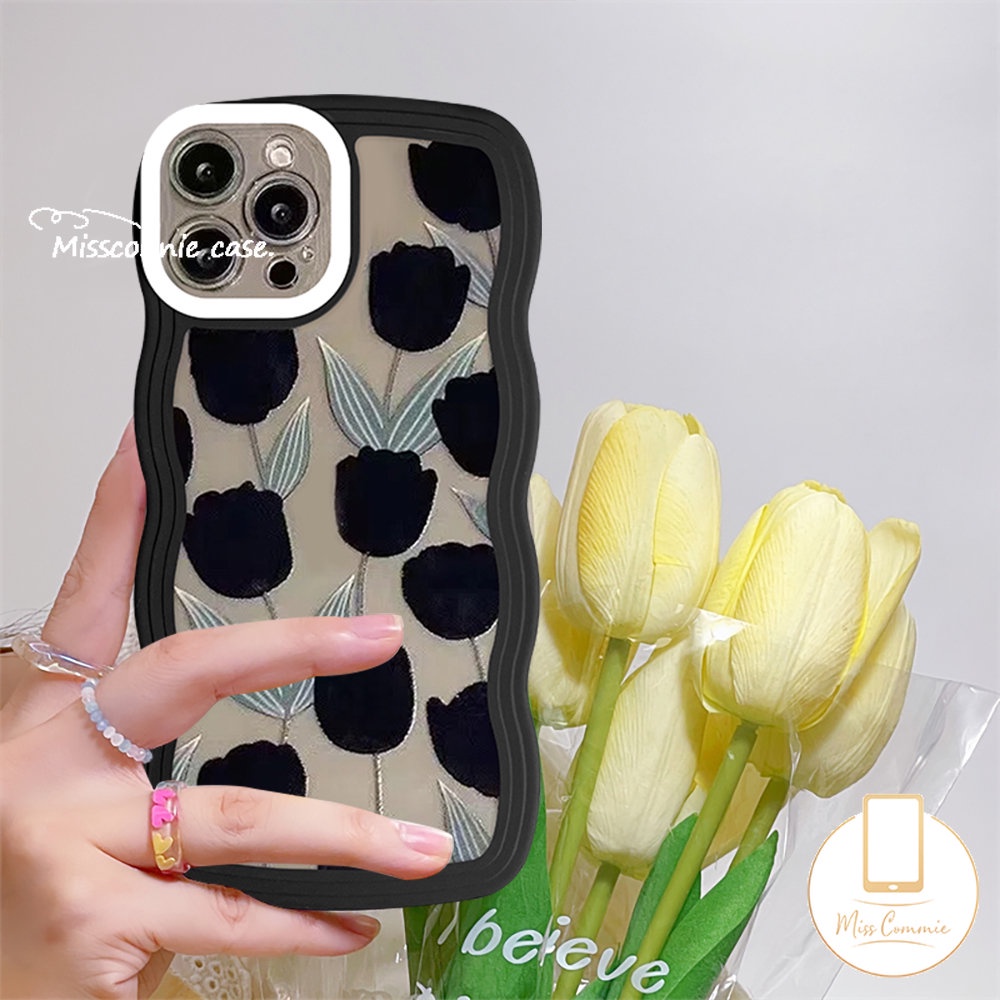 Casing Bunga Tulip Retro Infinix Note12 12Pro 12 G96 8 10Pro Hot 11 10 9 12 Main 11s 20s 10T 20 8 10Lite 12i Smart5 4 6 Plus Hot 10s 11s Hitam Wavy Edge Soft Cover