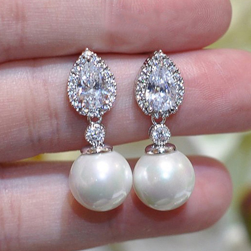 Anting Pernikahan Pengantin Wanita Mewah Desain Modern Pear Cubic Zirconia Dengan Anting Peal Imitasi Untuk Perhiasan Wanita