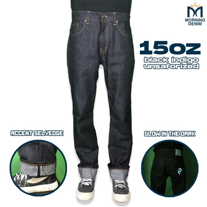 Morning denim - Celana Denim Accent Selvedge 16 oz black indigo unsafor