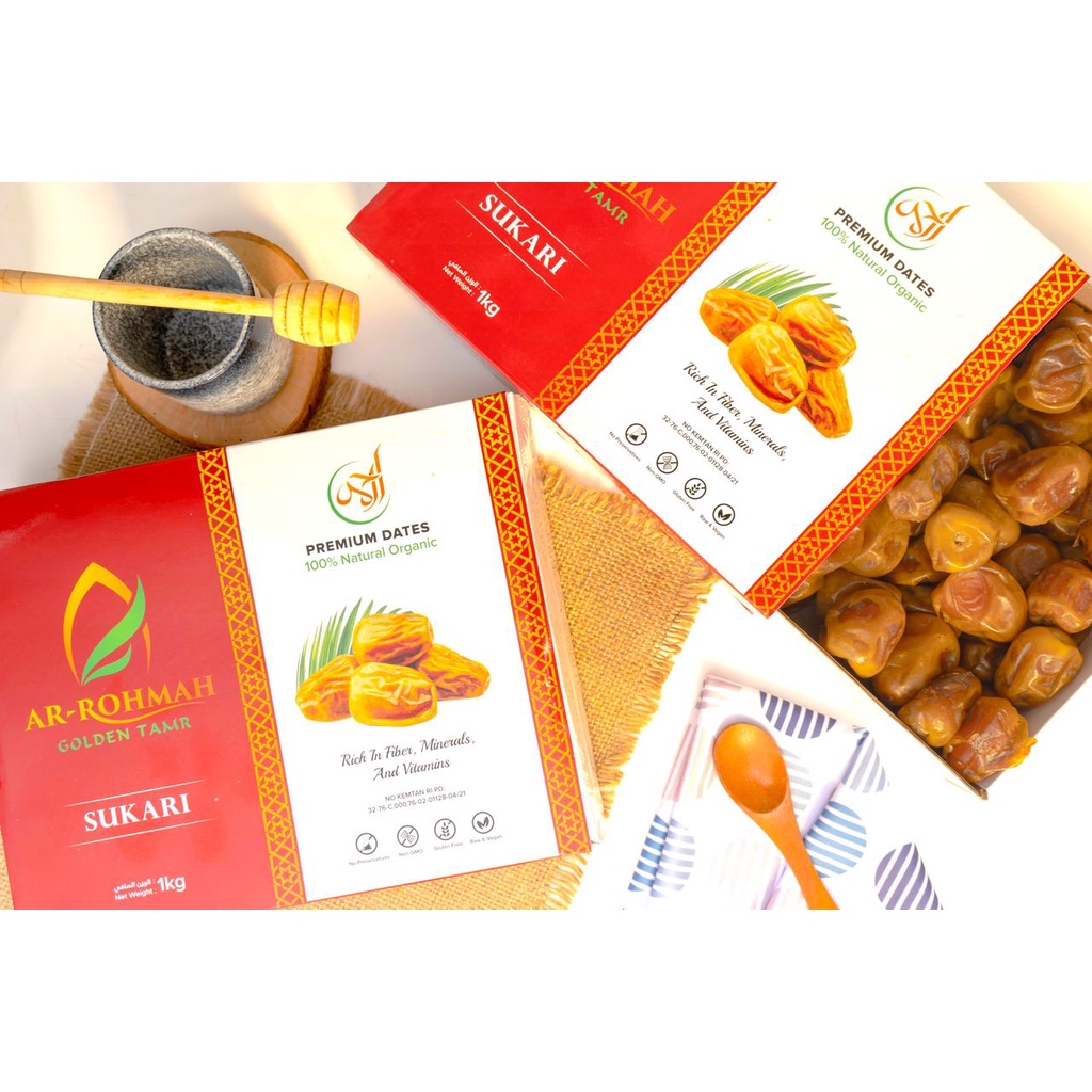 ( BISA COD ) Kurma Sukari Ar Rohmah Golden Tamr Premium Dates 1kg - Sukkari Premium Grade A - Kurma Basah Dus -Sukkari ORIGINAL