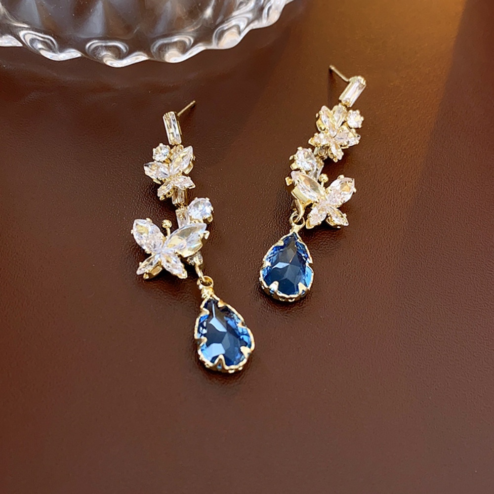 Deartiara Korea Cahaya Mewah Premium Anting Tetesan Kupu-Kupu Indah Micro Set Zirkon Anting Temperamen Biru