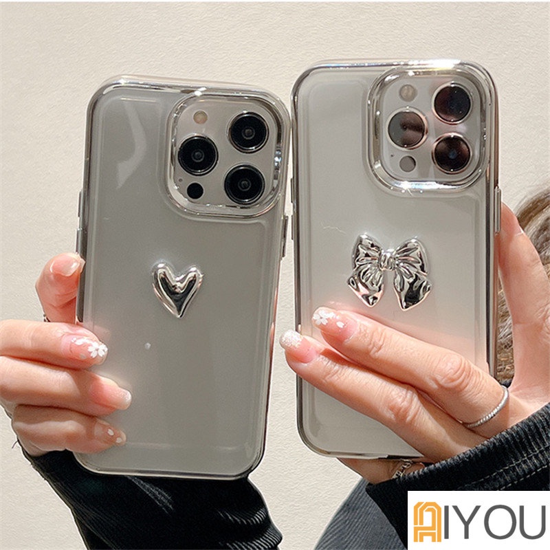 IPHONE Casing Ponsel Cinta Hati Electroplated 3D Untuk Iphone14 13 12 11 Pro Max X XR XS Electroplate Shockproof Transparan Cover