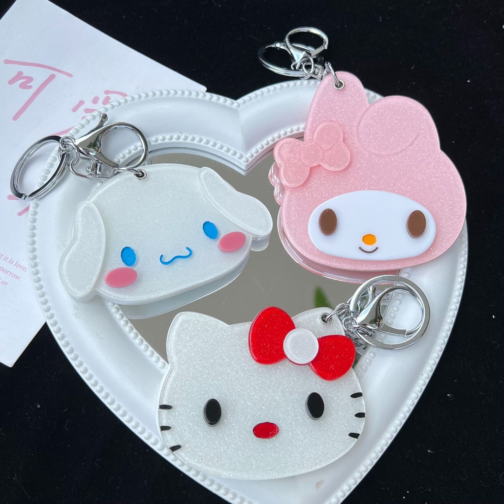 CERMIN BULAT + GANTUNGAN KUNCI SANRIO PORTABLE MOTIF KARTUN CINNAMOROLL KUROMI MELODY / KACA BULAT SANRIO PREMIUM HIGH QUALITY / CERMIN BULATT AESTHETIC LUCU