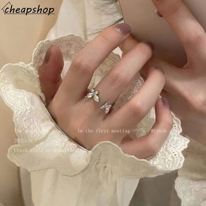 Ifyou Fashion Cincin Kupu-Kupu Kristal Pembukaan Dapat Disesuaikan Silver Rings Untuk Aksesoris Perhiasan Wanita