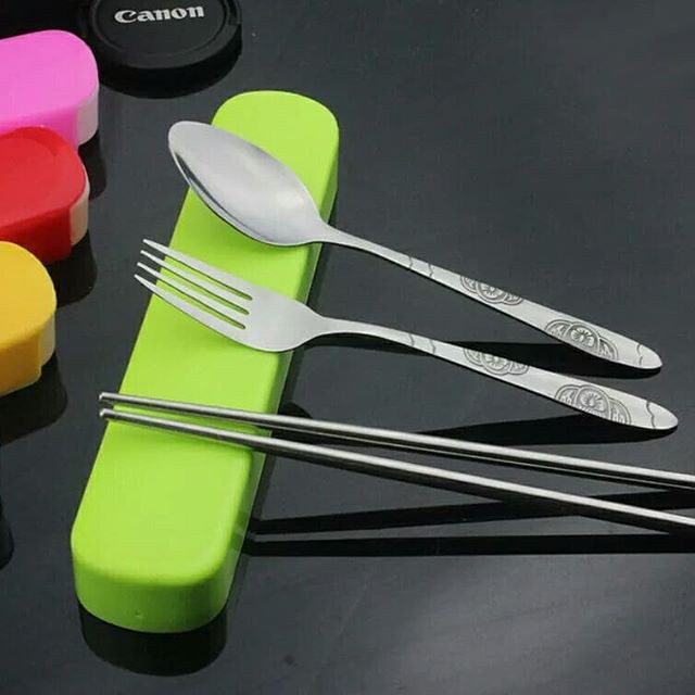 Sendok Set 3 in 1 Garpu Sumpit Stainless Steel Tepak Warna Alat Makan Portable / Souvenir- MKM