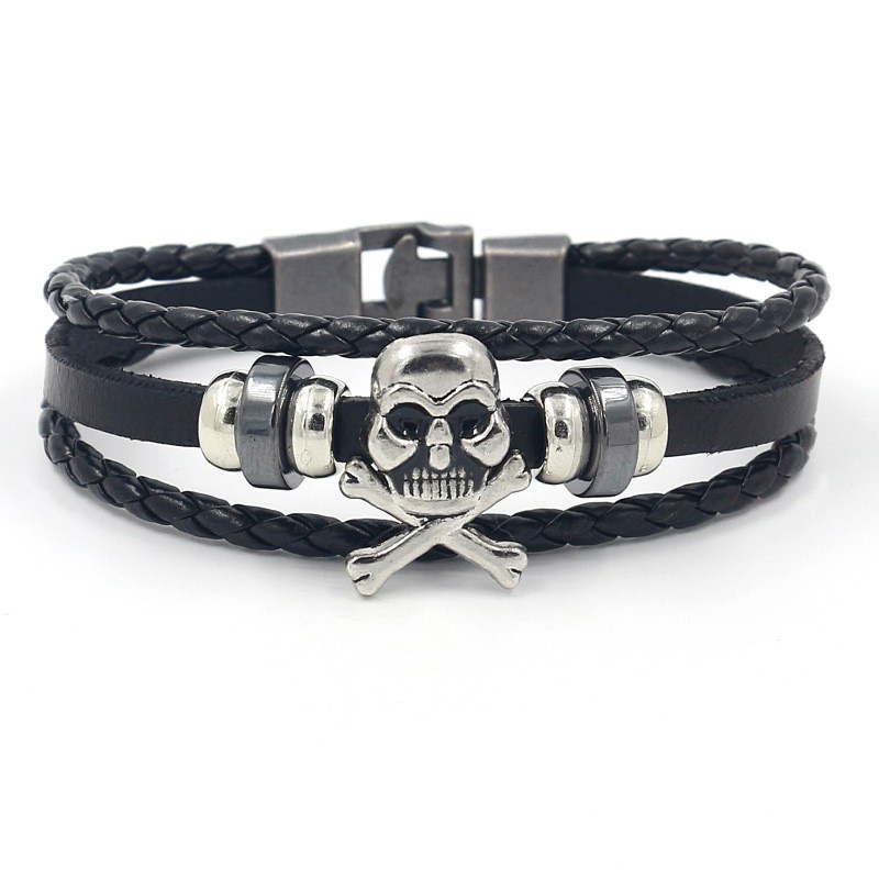 [X C Gelang] Baru Tengkorak Kepala Gesper Gelang Kulit Hitam Vintage Hip Hop Punk Gelang Kulit Lengan Manik-Manik Multilayer Zinc Alloy Anyaman Gelang