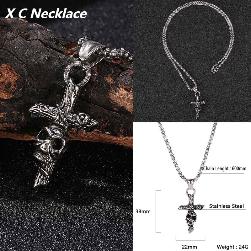 [X C Kalung] Baru Perak Hip Hop Punk Vintage Tulang Salib Tengkorak Kepala Liontin Stainless Steel Kalung Pria Dan Wanita Hadiah Liburan Perhiasan