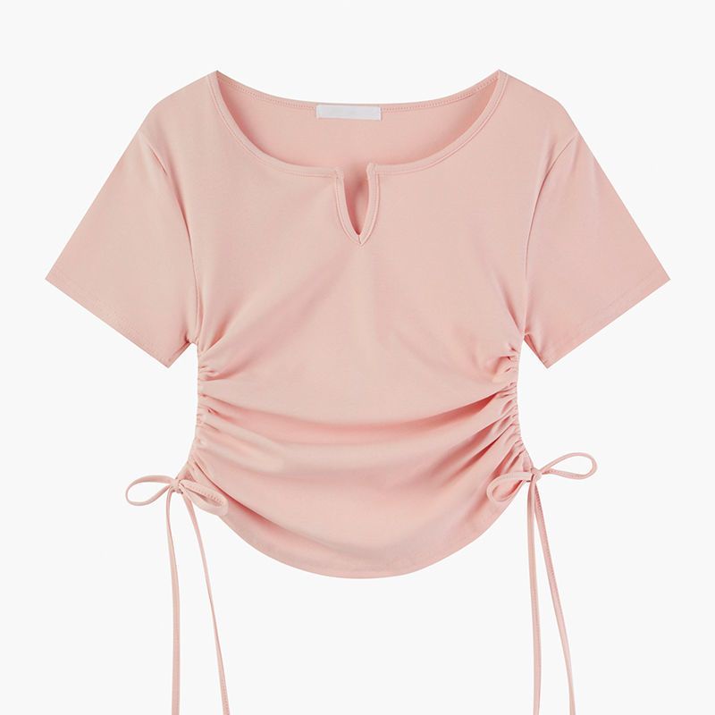 Red "V-neck/round neck" warna solid lengan pendek t-shirt musim panas wanita slim fit dan desain slim serut hot girl atasan trendi