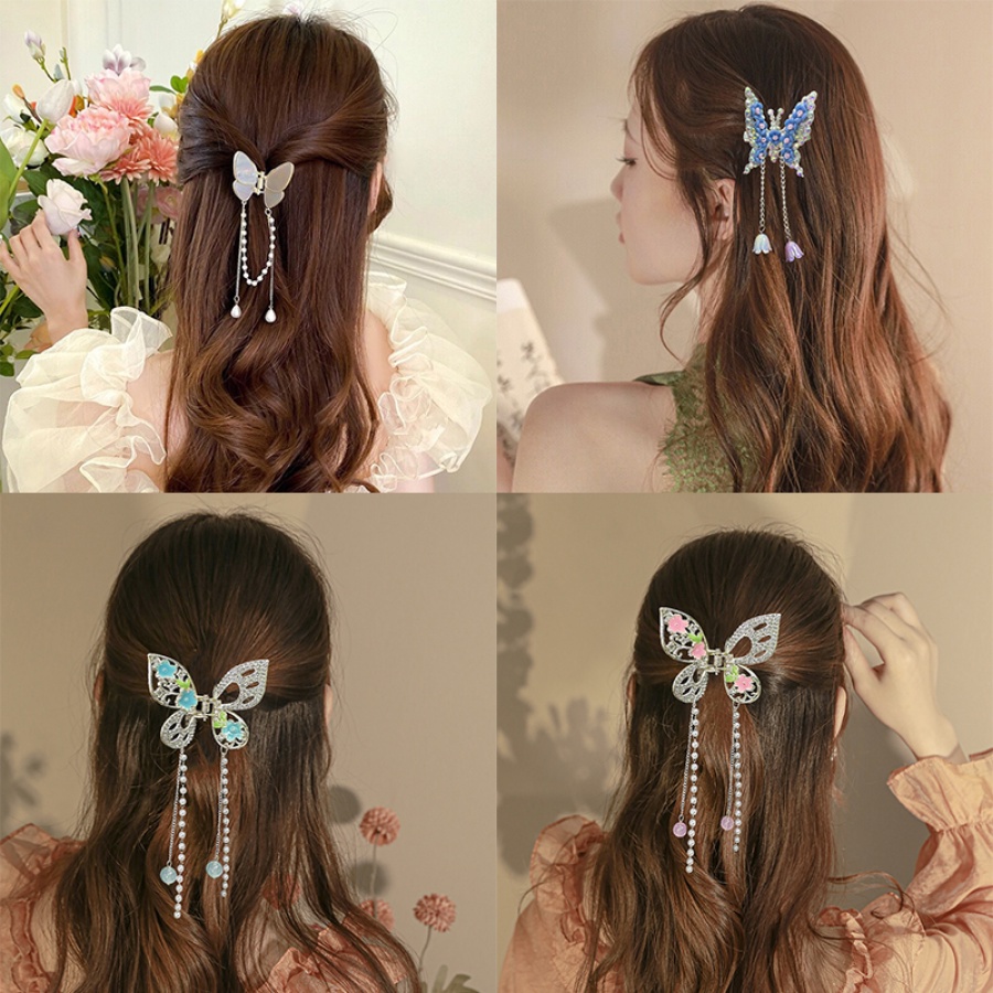 Korea Alloy Kupu-Kupu Mutiara Berlian Imitasi Rambut Klip Kristal Rumbai Manik-Manik Jepit Rambut Hair Claw Woman Aksesoris Rambut