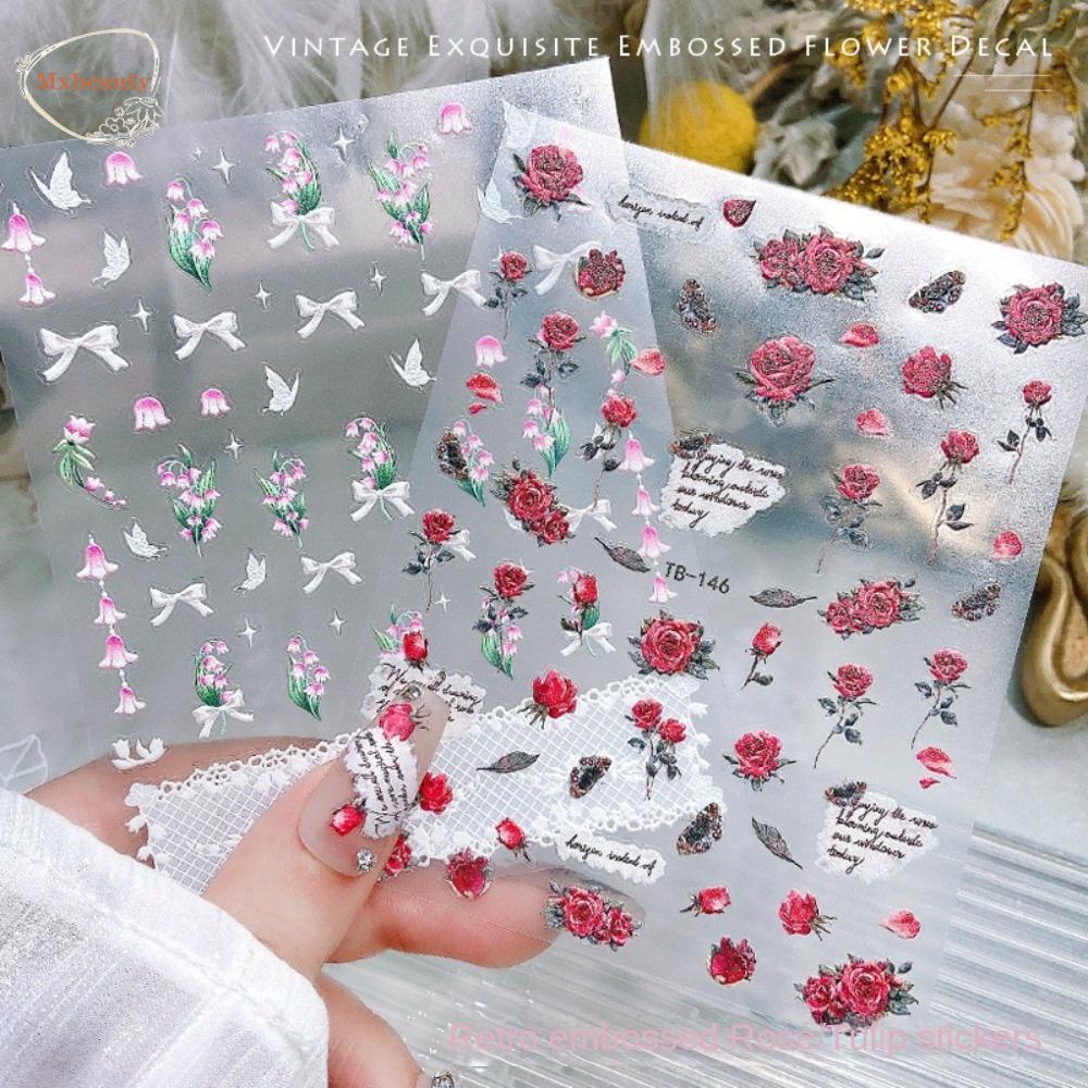 MXBEAUTY Flowers Nail Stickers Women Spring Japanese Style Tulip Bowknot Self Adhesive Nail Decorations