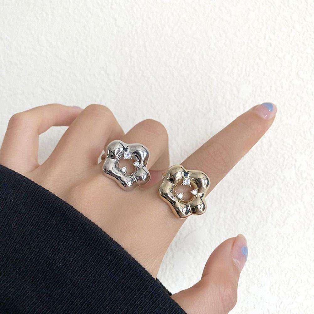 Mxbeauty Cincin Gaya Korea Berongga Pembukaan Kepribadian Berkilau Pentagram Perak Disepuh Perhiasan Wanita