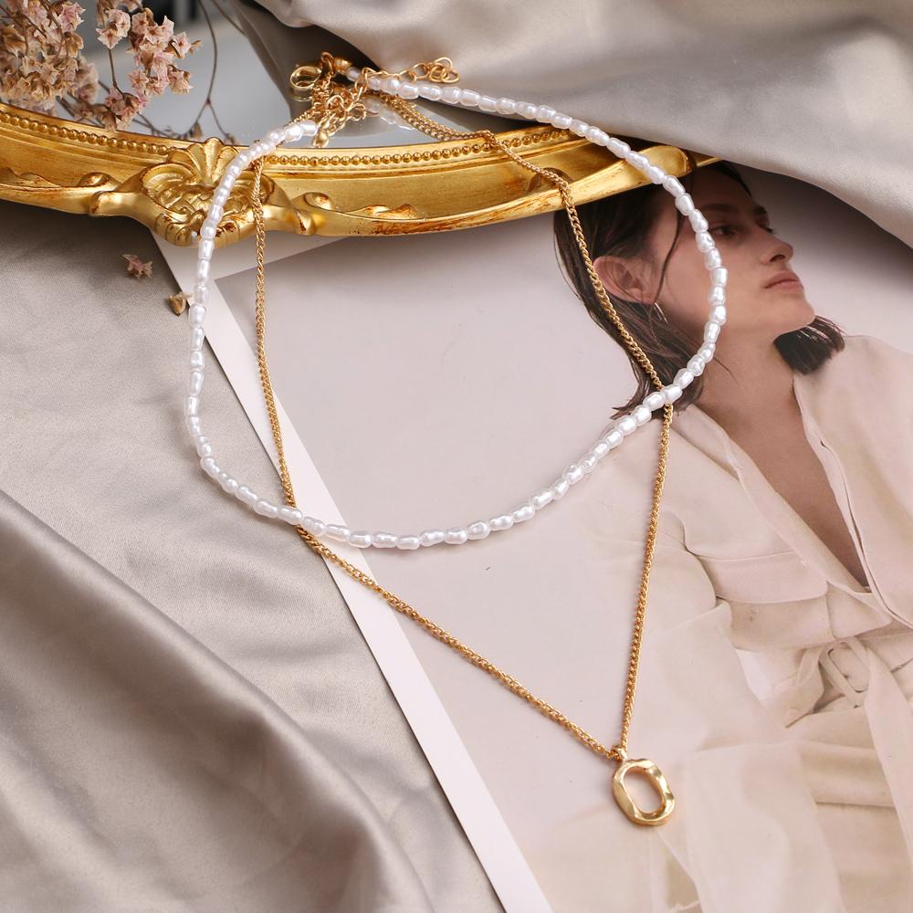 Kalung Mutiara Double Layer Multilayer dengan Rantai Liontin Persegi