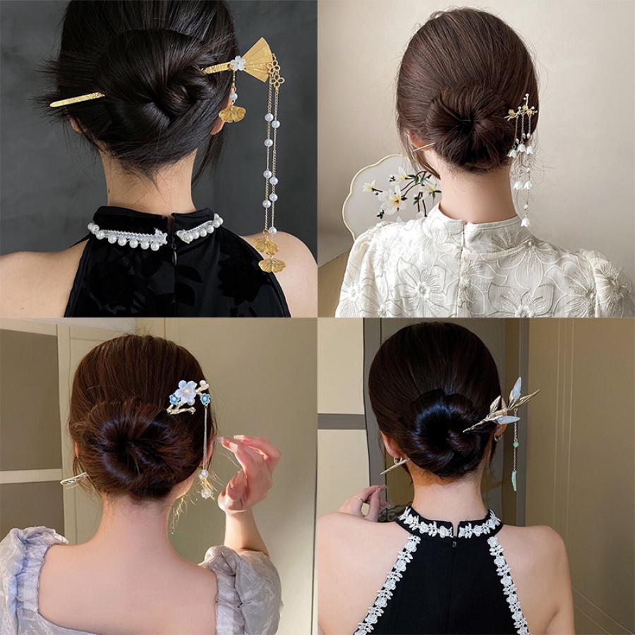 Logam Vintage Kristal Rumbai Rambut Tongkat Bunga Mutiara Manik-Manik Jepit Rambut Wanita Aksesoris Rambut