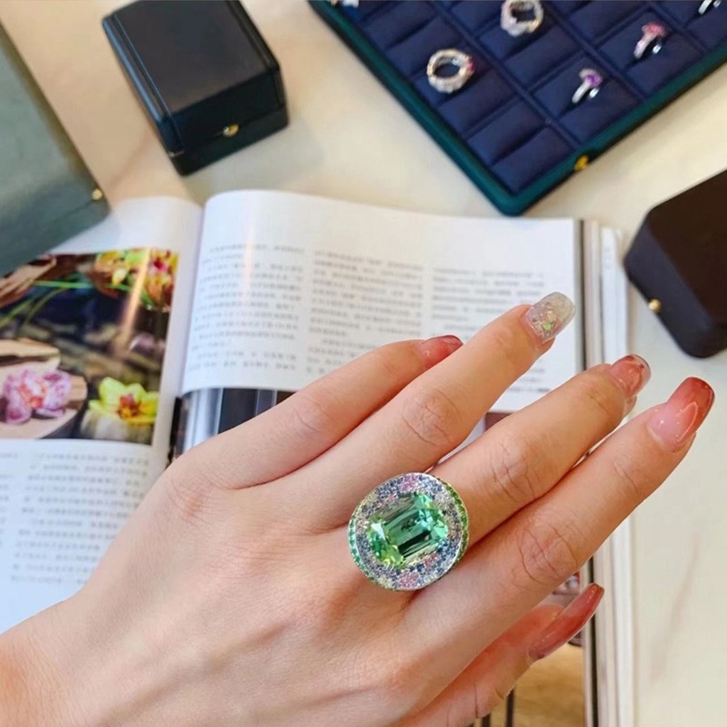 Goldkingdom Aksesoris Perhiasan Fashion Ready Stock French Retro Mint Green Tourmaline Ring Mewah Dan Dipotong Halus Dengan Berlian Hijau.