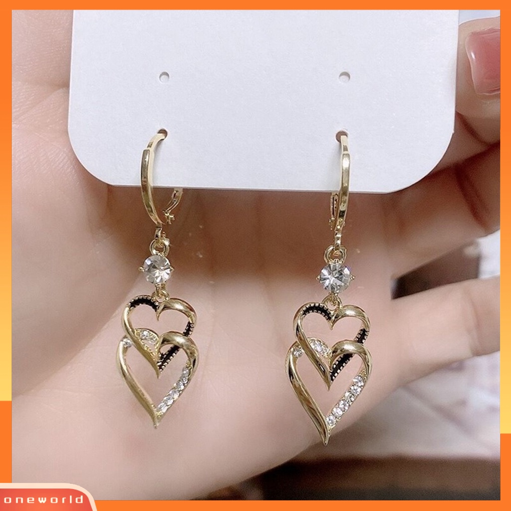 [EONE] 1pasang Anting Menjuntai Retro Gaya Korea Double-layers Cinta Hati Berkilau Berlian Imitasi Drop Earrings Fashion Perhiasan