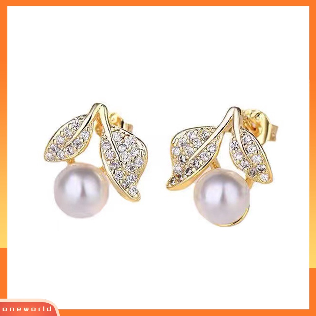 [EONE] 1pasang Ear Studs Dainty Elegan Bling Berlian Imitasi Golden High Gloss Daun Mutiara Imitasi Wanita Anting Perhiasan Aksesoris