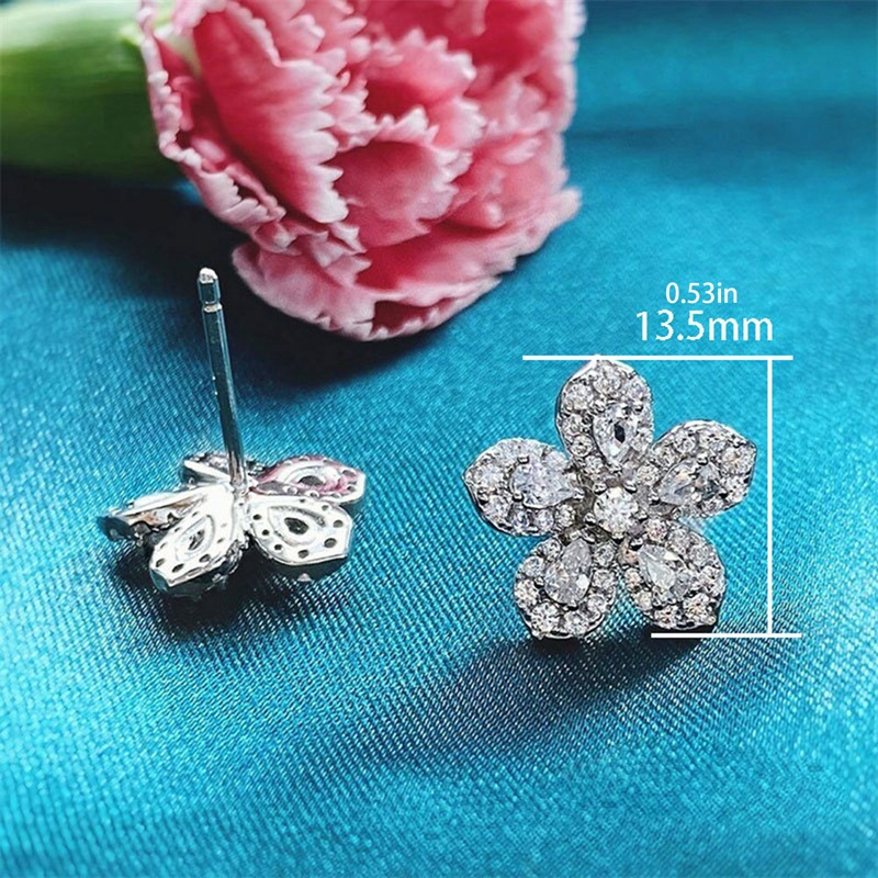 Anting Bunga Cubic Zirconia Kristal Warna Silver Untuk Wanita Fancy Aksesoris Telinga Hadiah Ulang Tahun Tindik Perhiasan Trendi