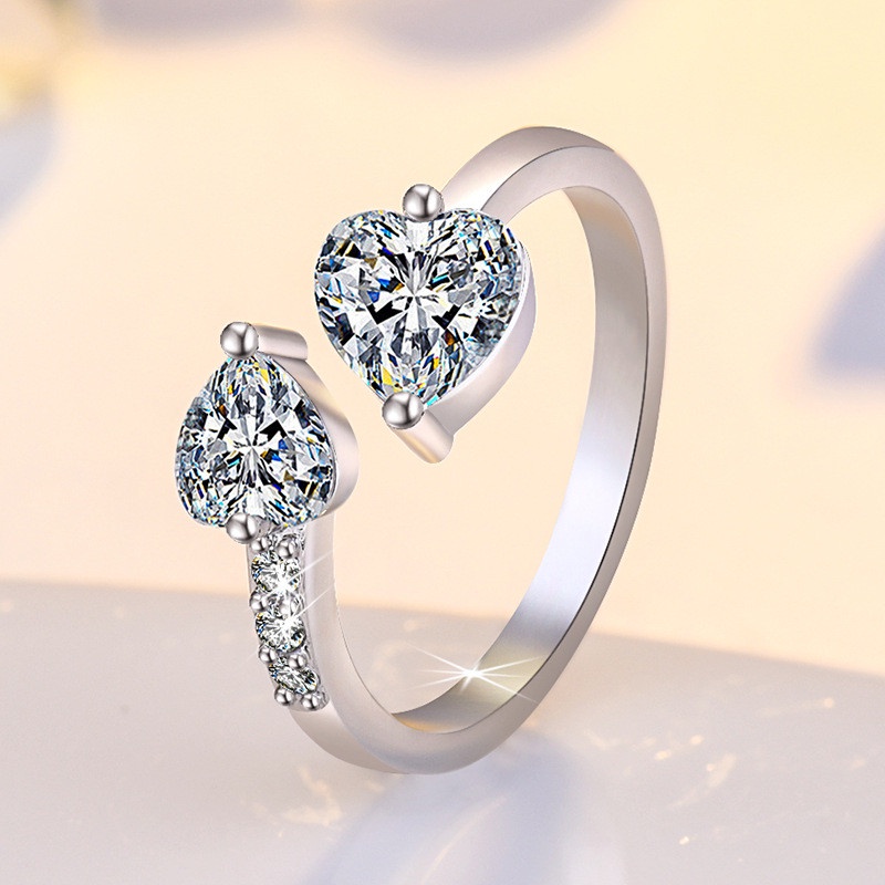 Fashion Elegan INS Adjustable Terbuka Dua Kepala Jantung Cincin Trendi Wanita Perak Geometris Kubik Zirkon Jantung Jari Rings Untuk Pernikahan Valentine Perhiasan