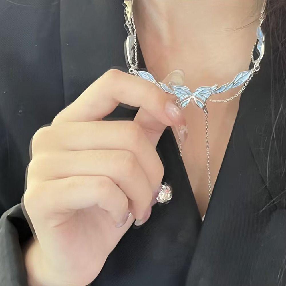 Mxbeauty Wanita Y2K Kalung Pesona Indah Romantis Niche Desain Fashion Perhiasan Biru Kupu-Kupu Geometris Alloy Gadis Pembukaan Cincin