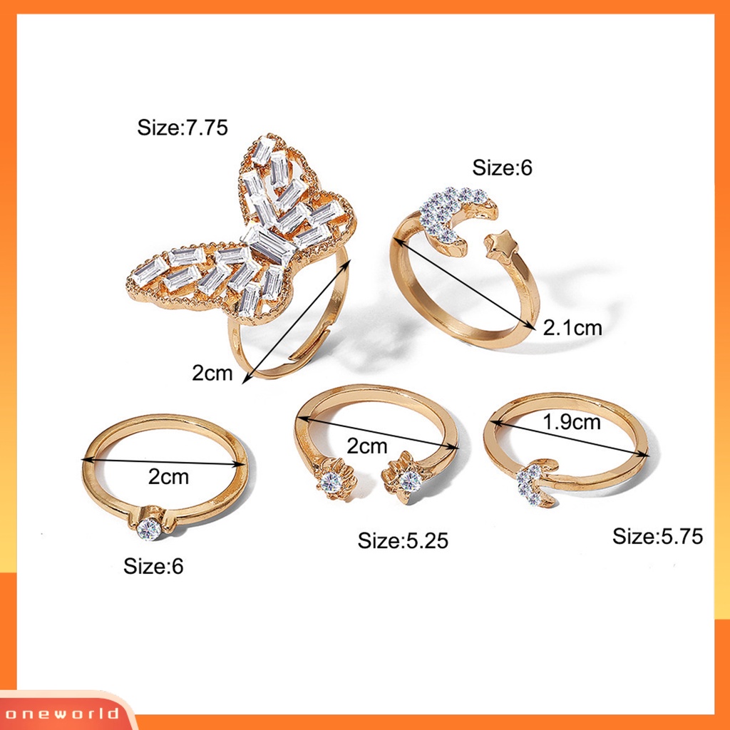 [EONE] 5 Pcs Cincin Buku Jari Kupu-Kupu Bulan Bintang Perhiasan Stackable Rhinestones Finger Rings Perhiasan Aksesoris