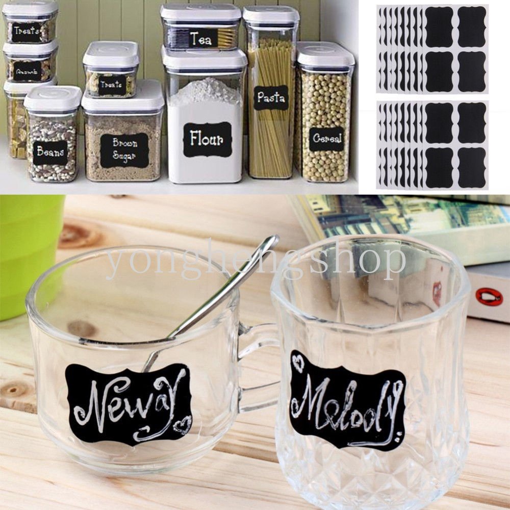 36pcs/set Stiker Botol Toples Kaca Dapat Dihapus Papan Tulis Lables Dapur DIY Stiker Gadget Papan Tulis Hitam Bentuk Tag Harga Tulisan Tangan Label Tahan Air