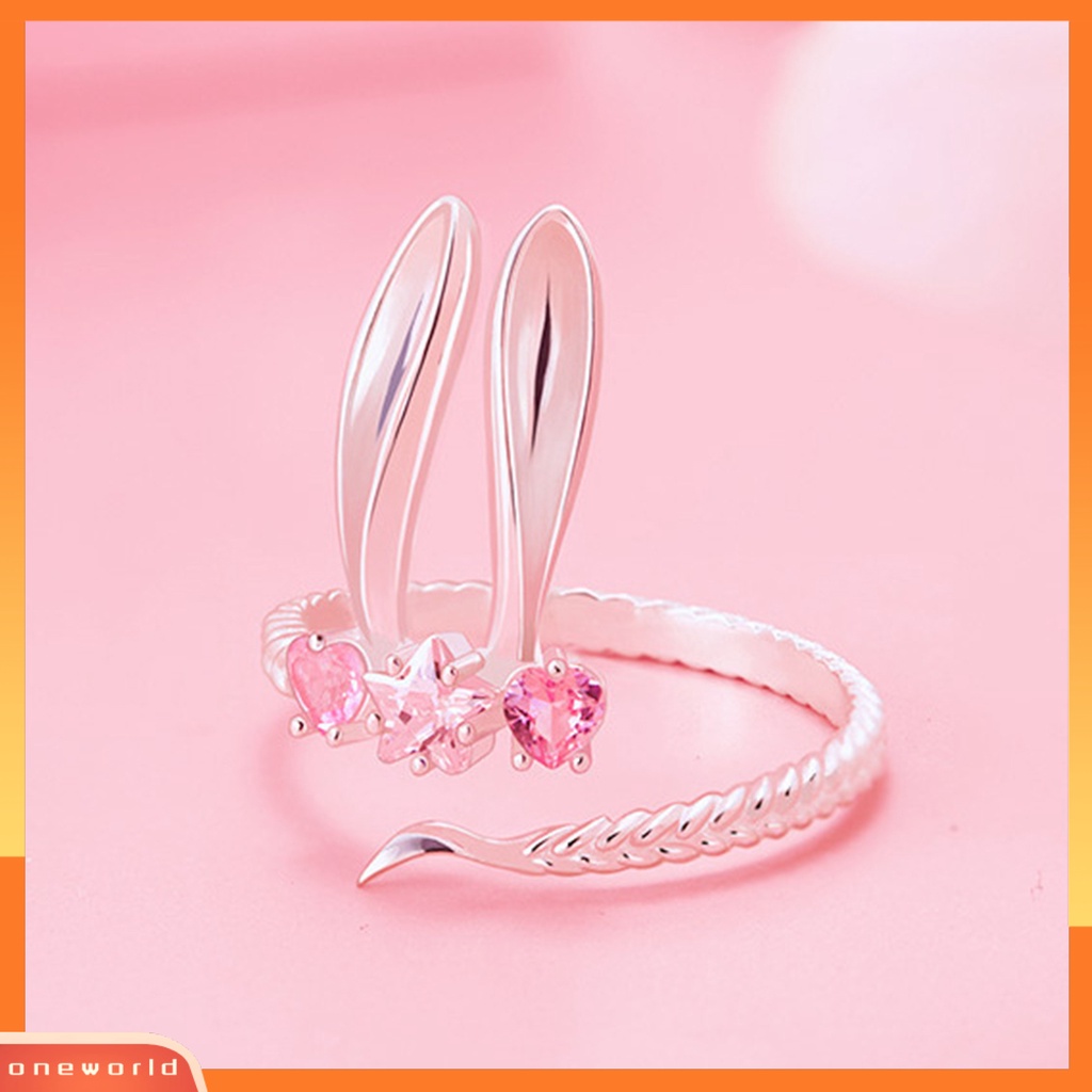 [EONE] Wanita Cincin Pembukaan Lucu Manis Hadiah Hari Valentine Merah Muda Berlian Imitasi Tertanam Kelinci Jari Cincin Perhiasan Fashion