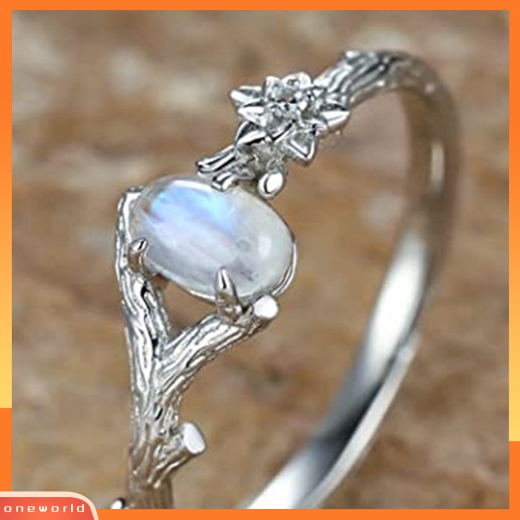 [EONE] Wanita Cincin Batu Alam Warna Perak Ukiran Pohon Cabang Bunga Vintage Faux Moonstone Bertatahkan Jari Cincin Fashion Perhiasan