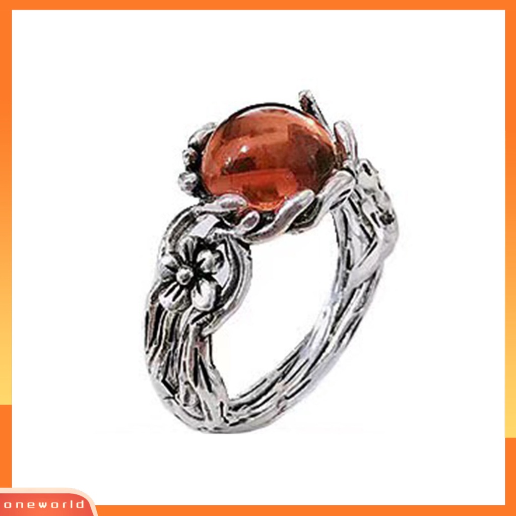 [EONE] Wanita Cincin Berongga Pola Bunga Warna Perak Tertekan Hadiah Mewah Kepribadian Retro Faux Amber Lilin Lebah Jari Cincin Perhiasan Fashion