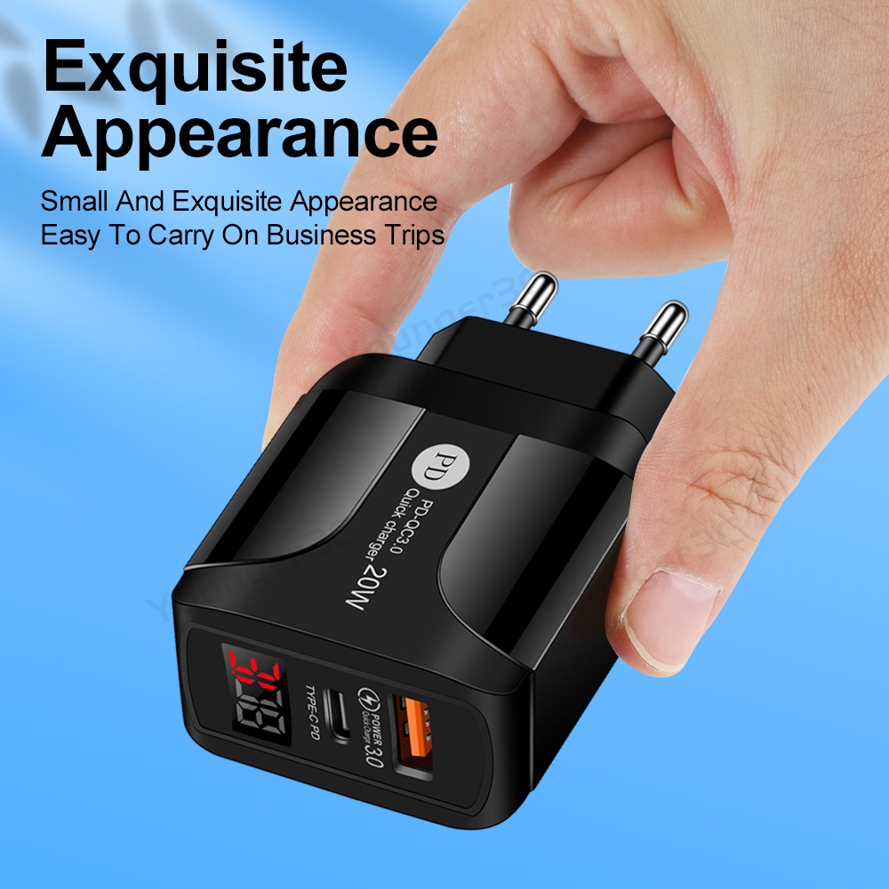 20wpd+qc Digital Display Fast Charging Charger QC3.0 Dual Port LED Charging Adapter Pengisian Cepat Charger Travel Untuk ios Android Tipe C