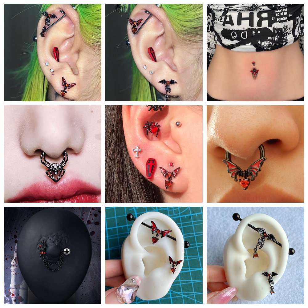 1pc Bat Spider Hidung Tindik Punk Tulang Rawan Stud Anting Industri Barbel Stainless Steel Pusar Cincin Tindik Tubuh