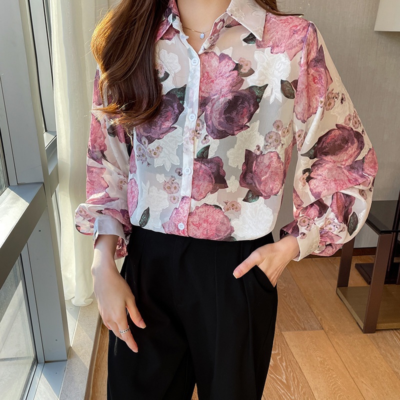 2023 New Fashion Korea Kemeja Wanita Lengan Panjang Cetakan Bunga Merah Muda Kasual Atasan Pesta Kerja Women Long-sleeved Shirt