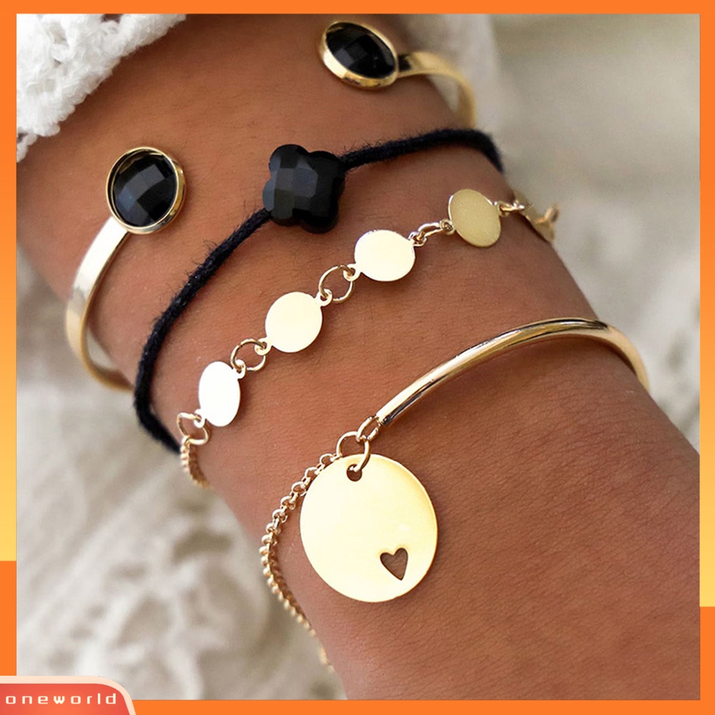 [EONE] 4pcs/set Stackable Alloy Bangle Indah Adjustable Potongan Bulat Wanita Gelang Untuk Kehidupan Sehari-Hari