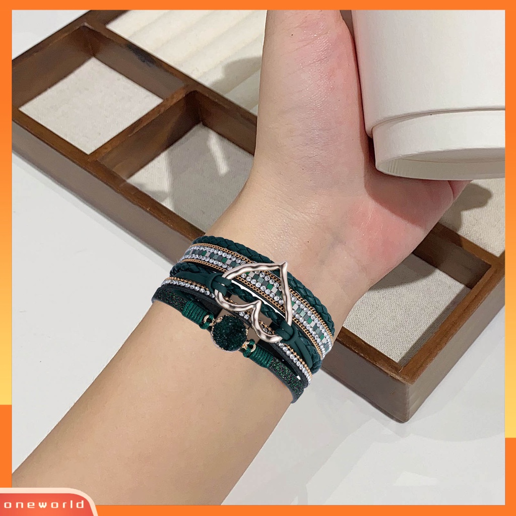 [EONE] Wanita Gelang Kulit Imitasi Cinta Hati Pesona Multi-layer Bohemia Resin Batu Hadiah Dikepang Punk Gadis Cuff Bangle Fashion Perhiasan