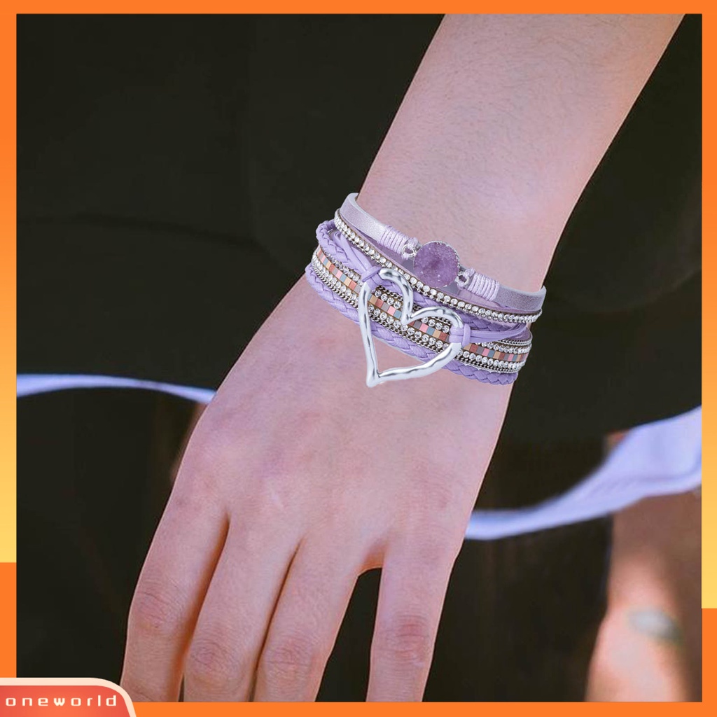 [EONE] Wanita Gelang Kulit Imitasi Cinta Hati Pesona Multi-layer Bohemia Resin Batu Hadiah Dikepang Punk Gadis Cuff Bangle Fashion Perhiasan