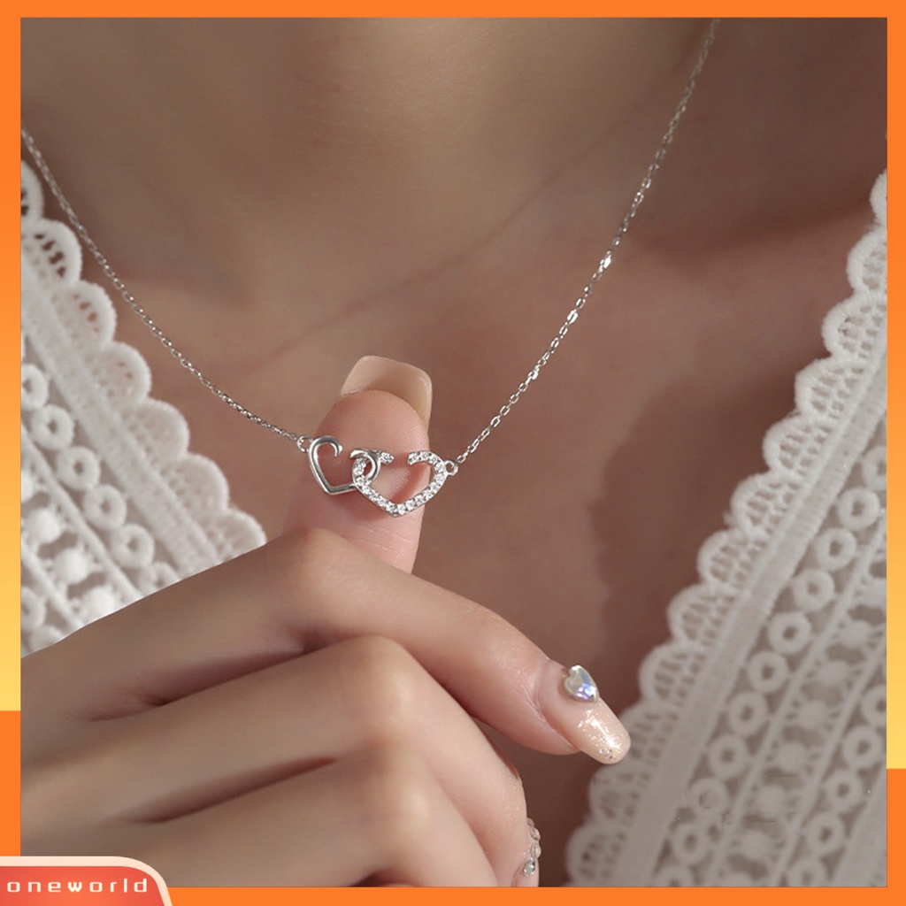 [EONE] Wanita Kalung Berlian Imitasi Mengkilap Elegan Hias Adjustable Perhiasan Hadiah Manis Berongga Ganda Cinta Hati Liontin Kalung Rantai Klavikula Untuk Pesta
